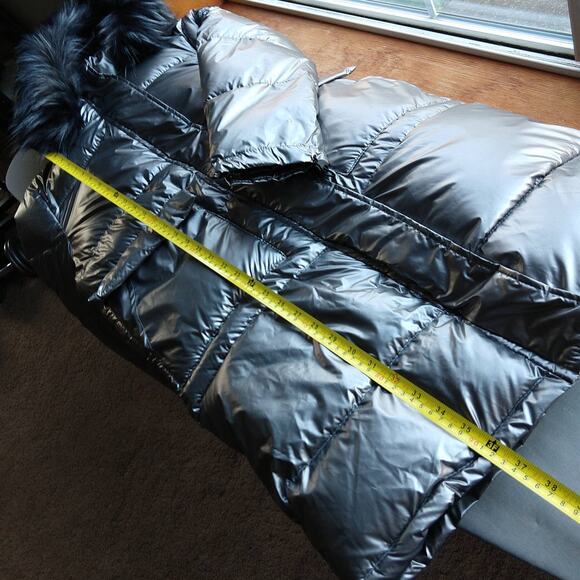 Miz 3006 Metallic Silver Puffer Coat L hooded vegan removable faux fur winter - Picture 15 of 16